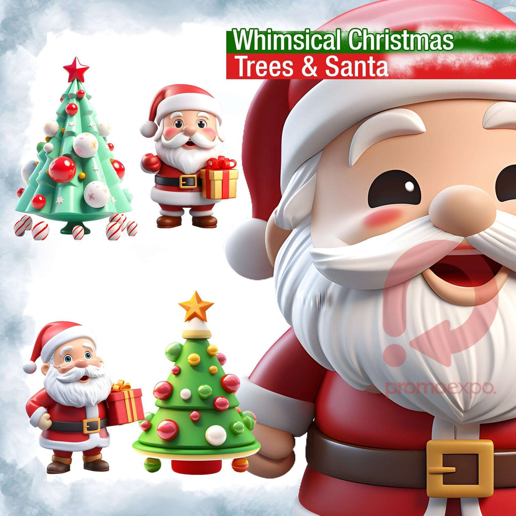 Whimsical Christmas Trees & Santa – Clipart PNG 3D cu brazi decorați și Moș Crăciun pentru proiecte festive