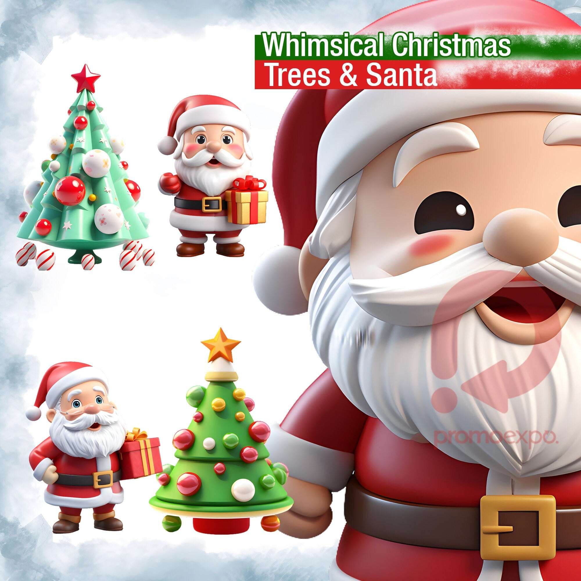 Whimsical Christmas Trees & Santa – Clipart PNG 3D cu brazi decorați și Moș Crăciun pentru proiecte festive