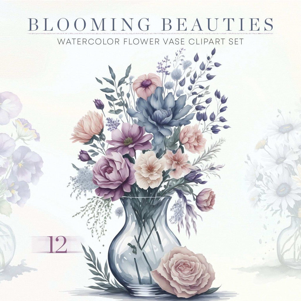 Blooming Beauties – Clipart PNG cu vaze florale în acuarelă, pentru invitații, decoruri și proiecte creative