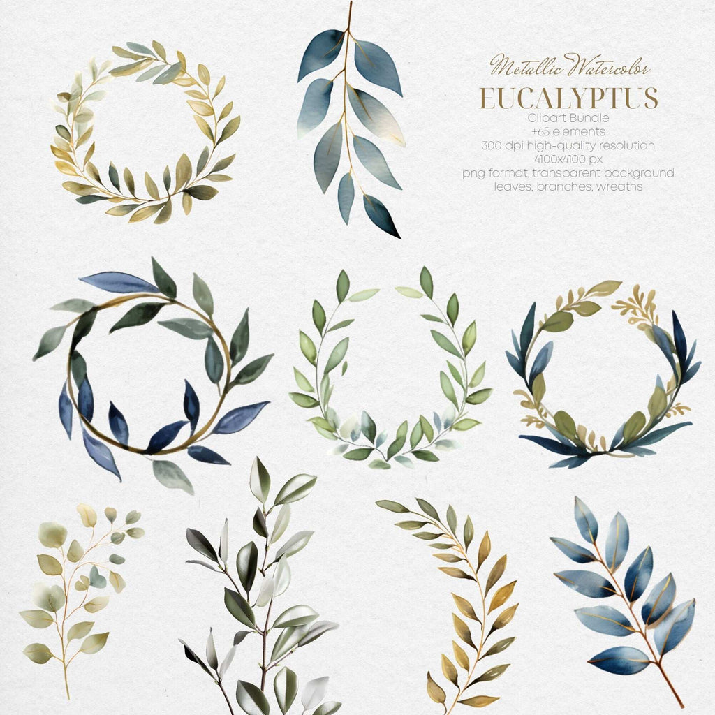 Watercolor Metallic Eucalyptus Clipart - Greenery Clipart - Green Metallic Foliage - Green Blue Leaves Branches - Wedding Wreath Invitation