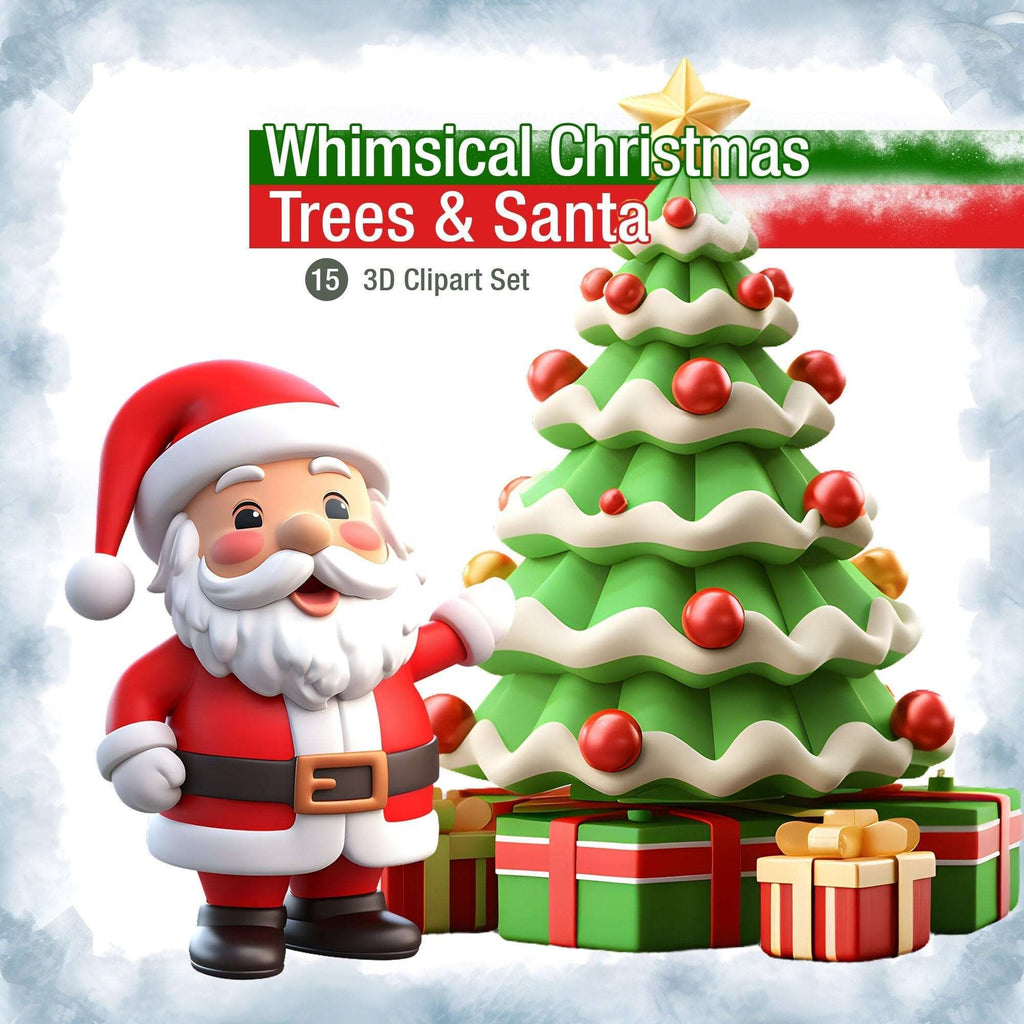 Whimsical Christmas Trees and Santa 3D Clipart Set, Christmas Tree, Santa Claus clipart, 3D Decorated Christmas Tree PNG, Christmas gift