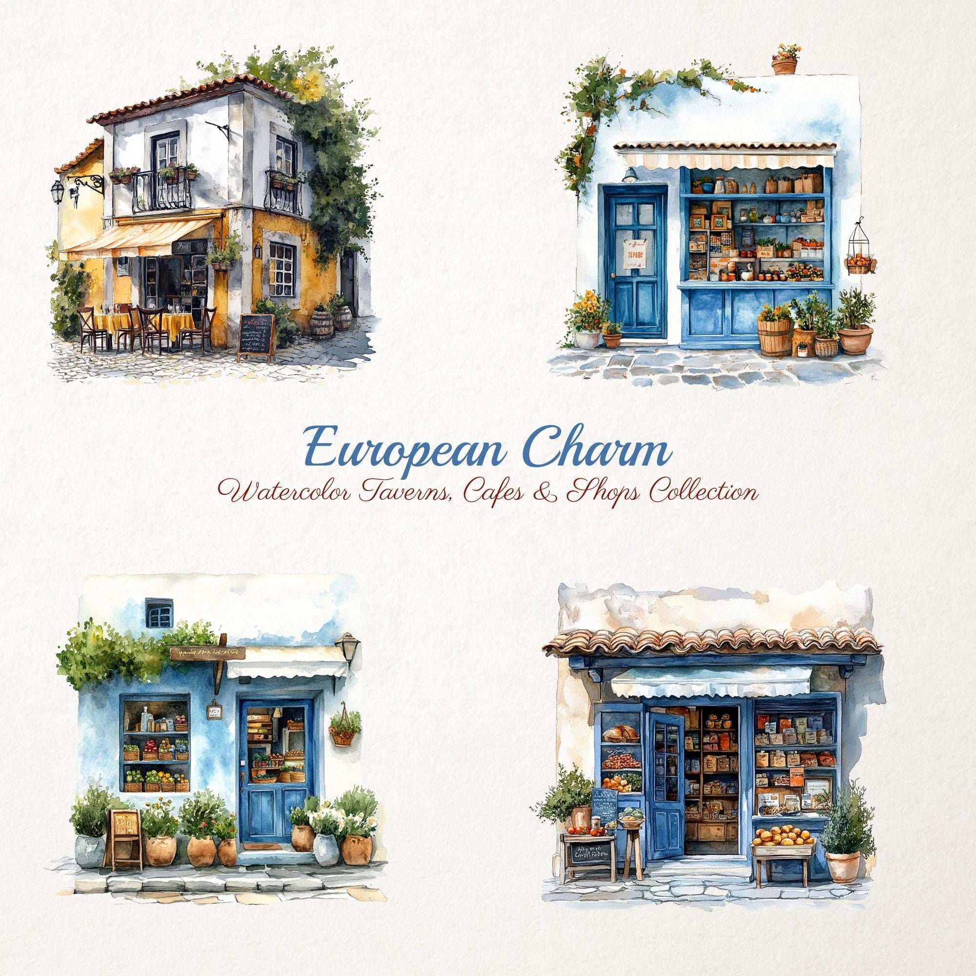 European Charm – Clipart PNG cu taverne, cafenele și magazine europene în stil acuarelă