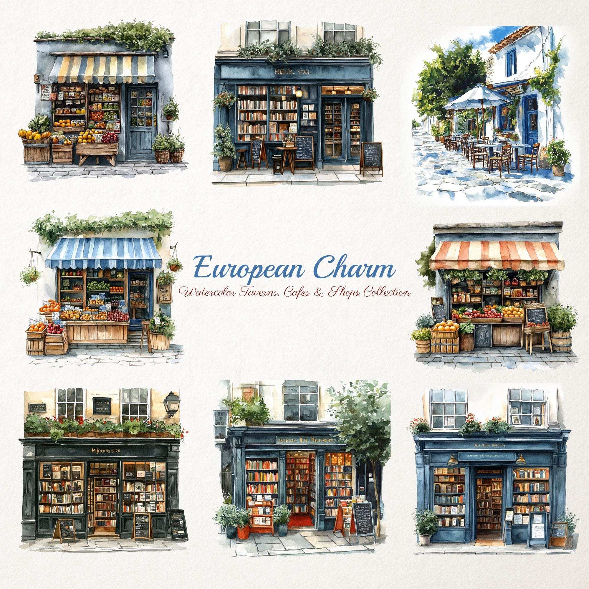 European Charm – Clipart PNG cu taverne, cafenele și magazine europene în stil acuarelă