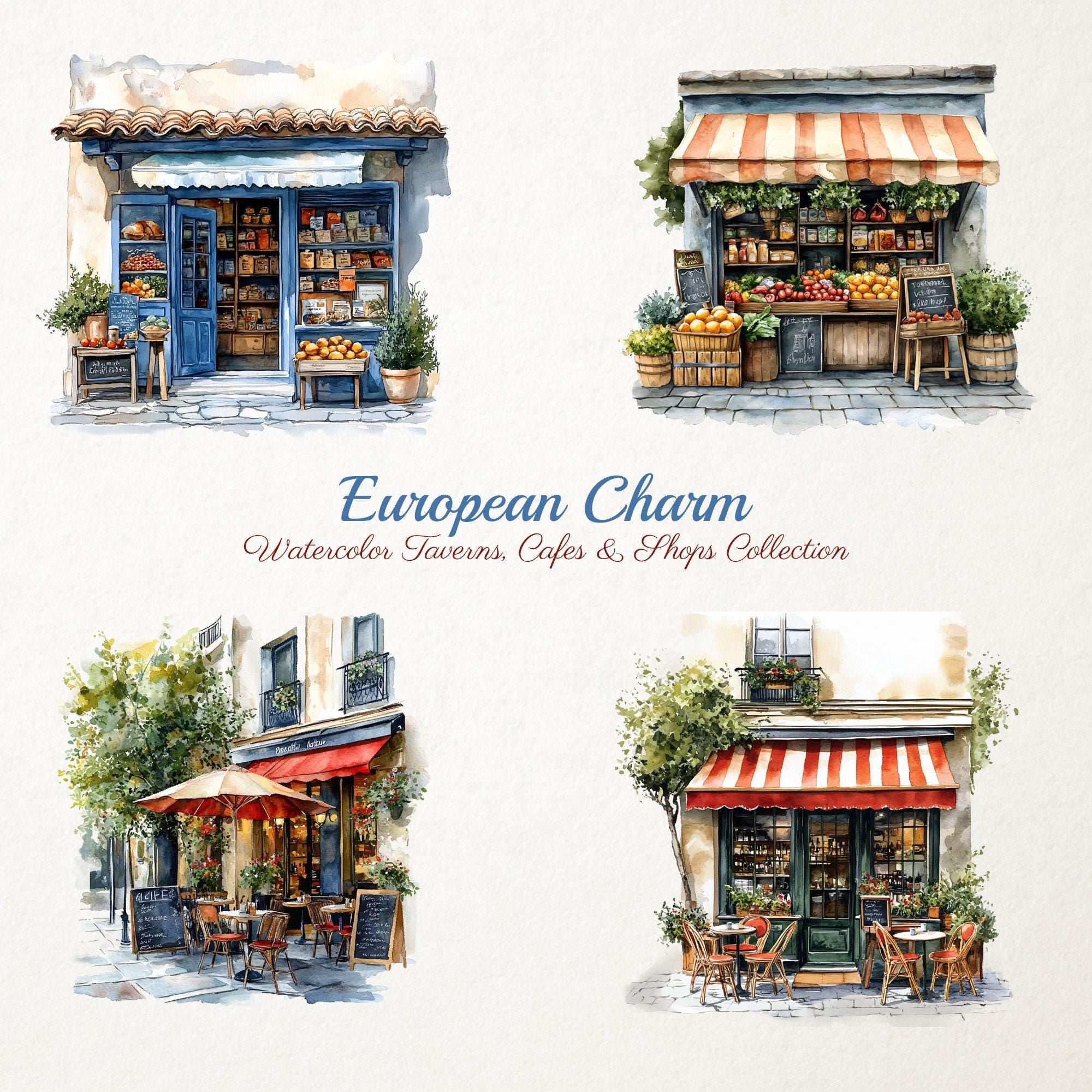 European Charm – Clipart PNG cu taverne, cafenele și magazine europene în stil acuarelă