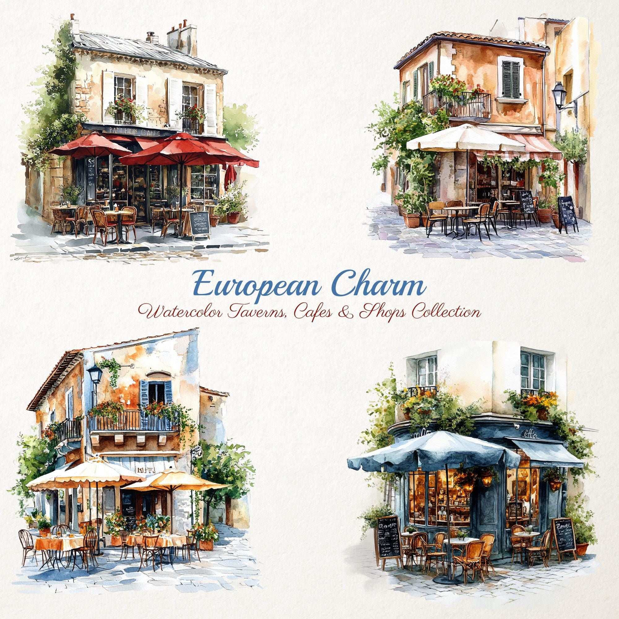 European Charm – Clipart PNG cu taverne, cafenele și magazine europene în stil acuarelă