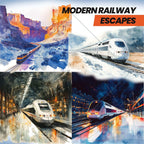 Modern Train – Clipart Acuarelă cu Trenuri Contemporane și Peisaje Sezoniere Urbane și Montane