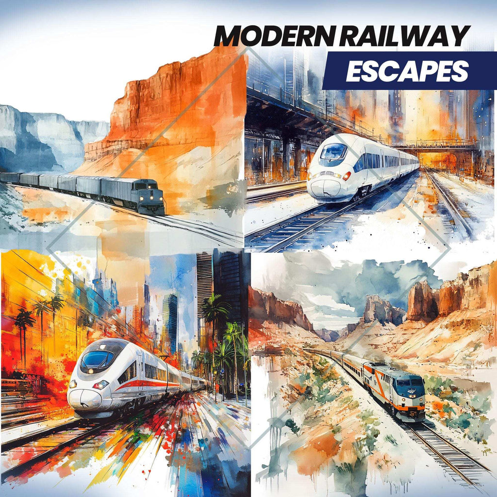 Modern Train – Clipart Acuarelă cu Trenuri Contemporane și Peisaje Sezoniere Urbane și Montane