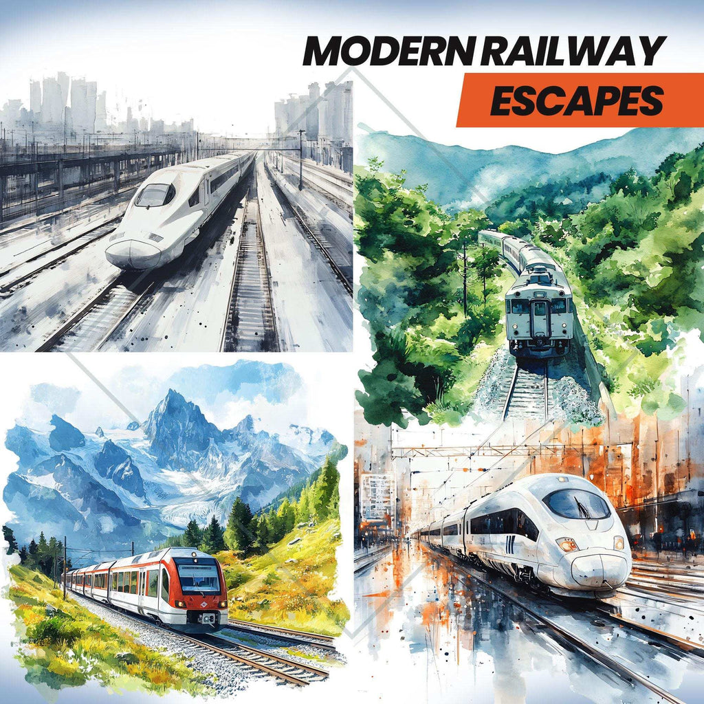 Modern Train – Clipart Acuarelă cu Trenuri Contemporane și Peisaje Sezoniere Urbane și Montane