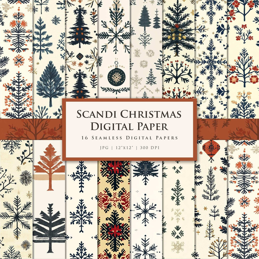 Scandi-Inspired Christmas Digital Paper Pack – Snowflakes, Pine Trees, Nordic Patterns in Muted Red, Green Tones, Seamless for Crafts, Pine Tree Patterns, Rustic Christmas Background, Vintage Holiday Paper,Cozy Digital Paper Pack, Hygge Christmas