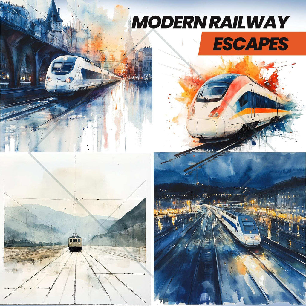 Modern Train – Clipart Acuarelă cu Trenuri Contemporane și Peisaje Sezoniere Urbane și Montane