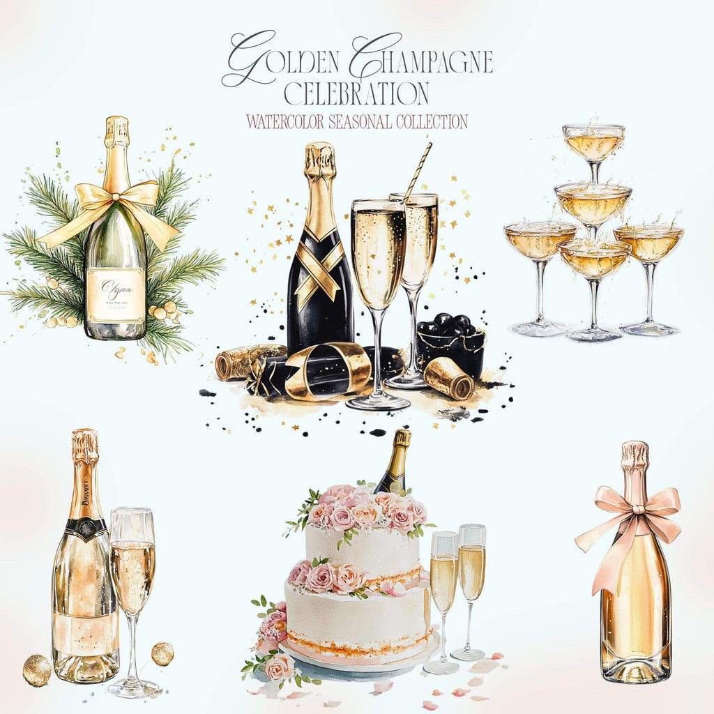Clipart Acuarelă cu Șampanie și Elemente Festive