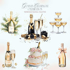 Clipart Acuarelă cu Șampanie și Elemente Festive
