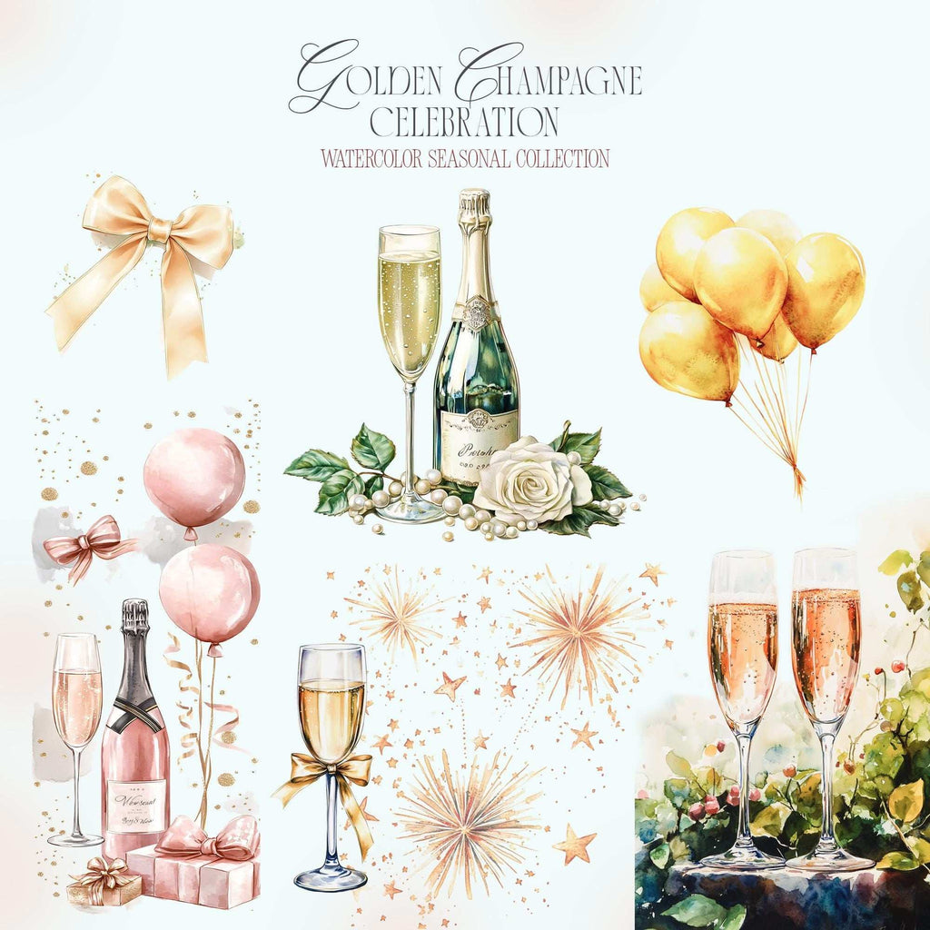 Clipart Acuarelă cu Șampanie și Elemente Festive