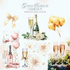 Clipart Acuarelă cu Șampanie și Elemente Festive