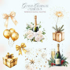 Clipart Acuarelă cu Șampanie și Elemente Festive