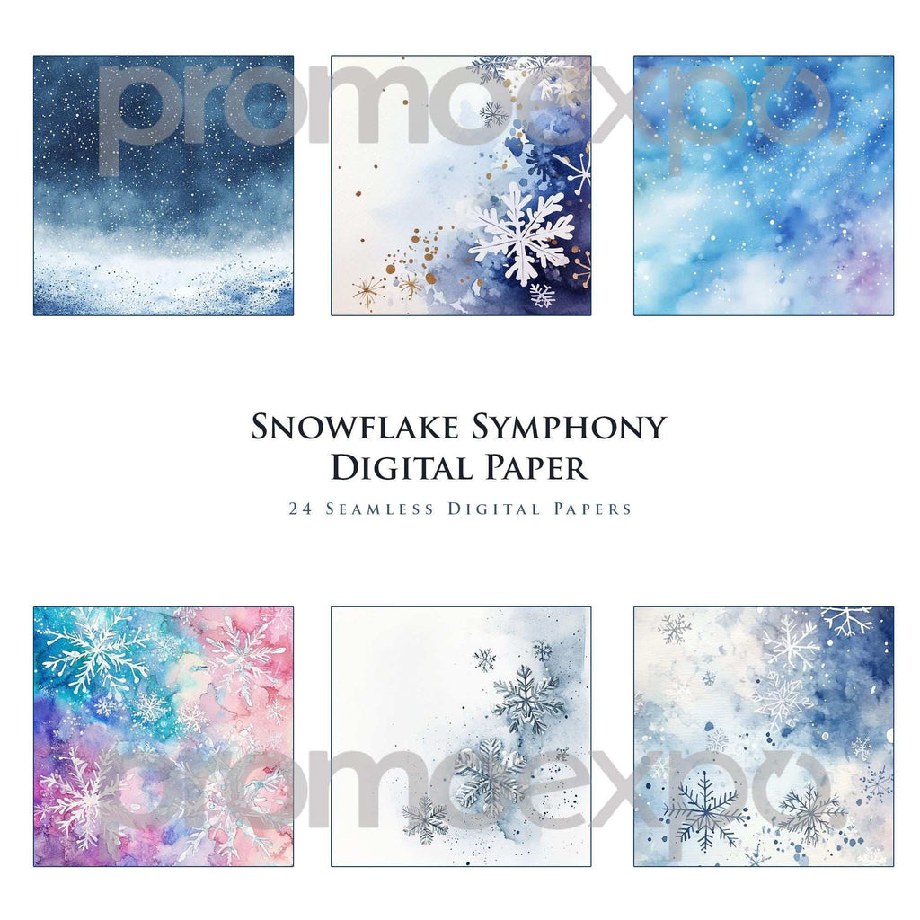 Snowflake Symphony – Fundaluri digitale seamless în acuarelă cu fulgi de zăpadă