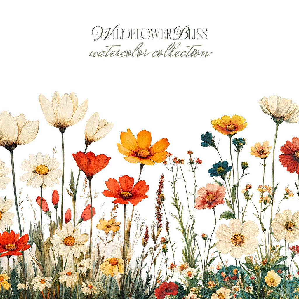 Wildflower Bliss – Clipart PNG cu flori sălbatice în acuarelă, borduri florale și coronițe botanice