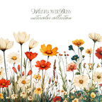 Wildflower Bliss – Clipart PNG cu flori sălbatice în acuarelă, borduri florale și coronițe botanice