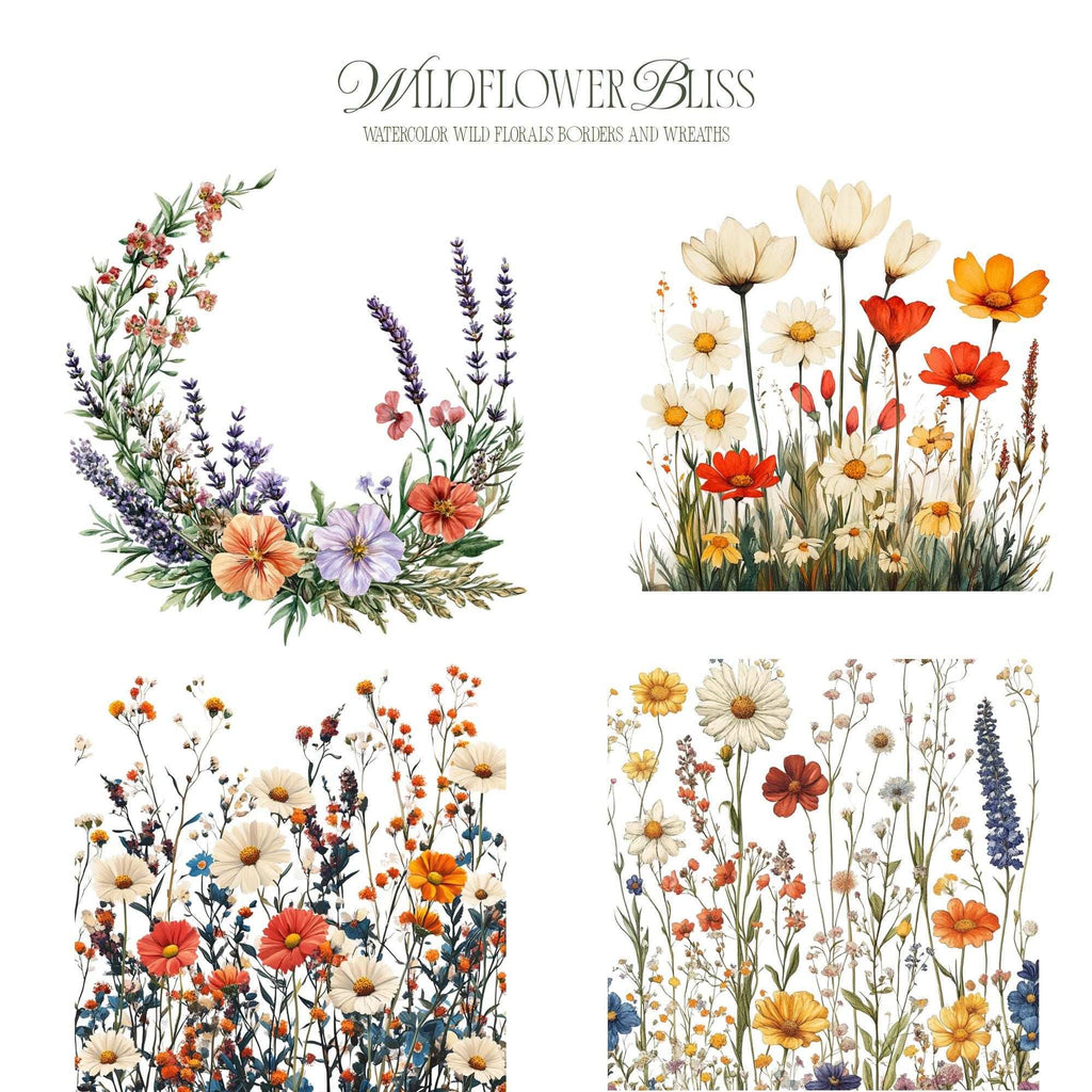 Wildflower Bliss – Clipart PNG cu flori sălbatice în acuarelă, borduri florale și coronițe botanice