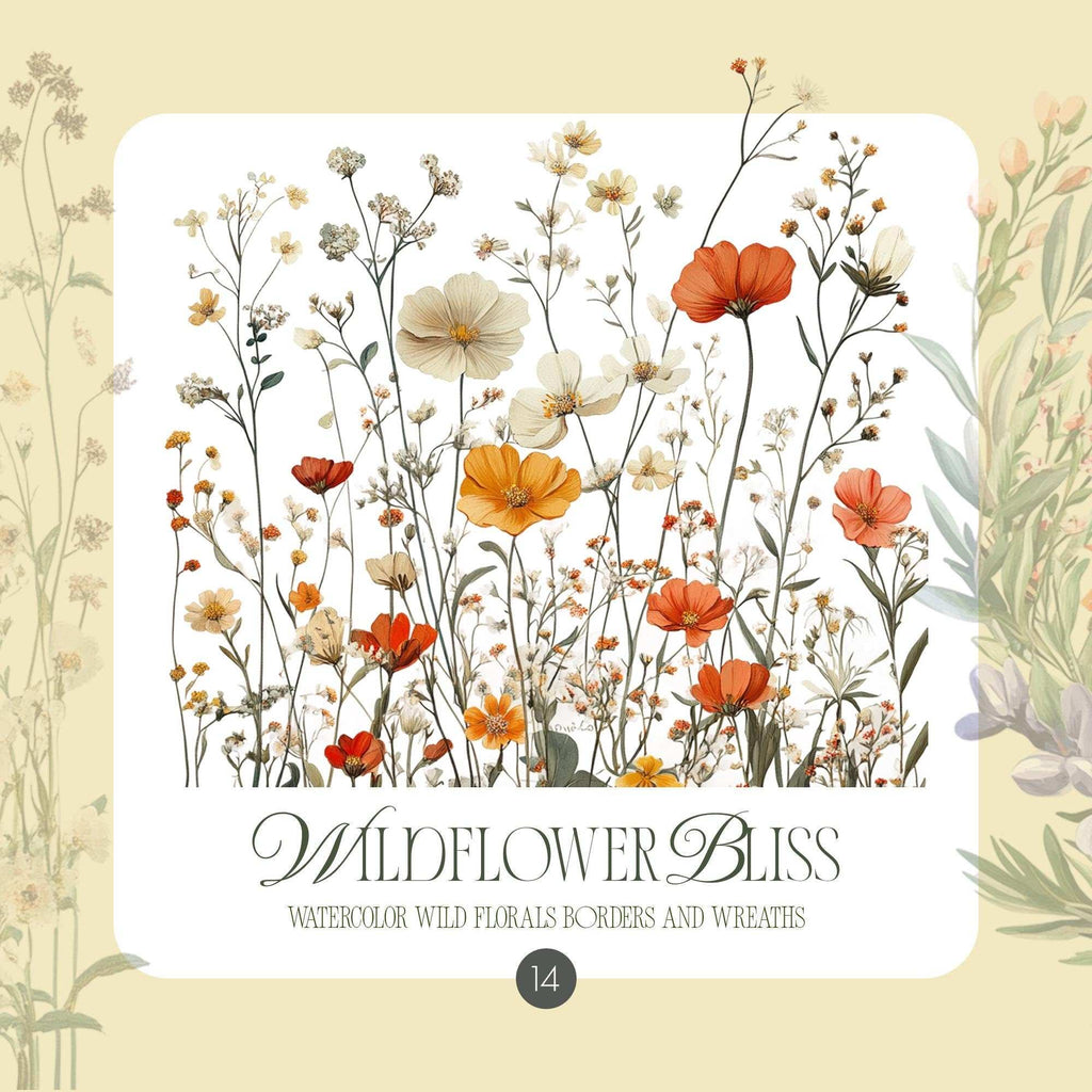 Wildflower Bliss – Clipart PNG cu flori sălbatice în acuarelă, borduri florale și coronițe botanice