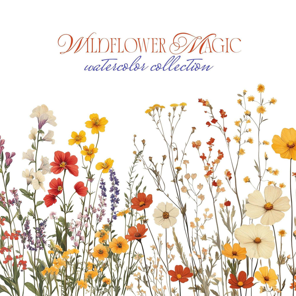 Wildflower Magic – Clipart PNG cu flori sălbatice în stil acuarelă, borduri florale și coroane decorative