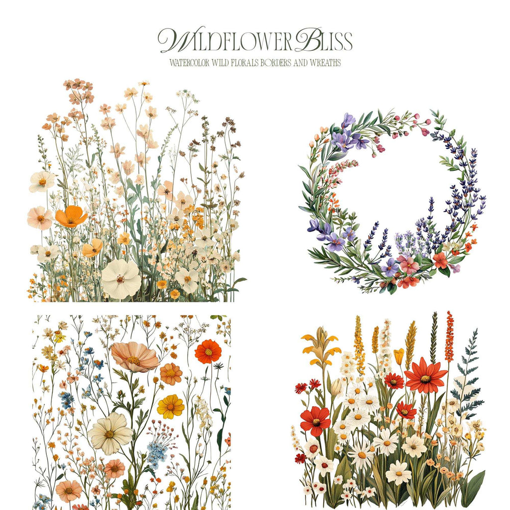 Wildflower Bliss – Clipart PNG cu flori sălbatice în acuarelă, borduri florale și coronițe botanice