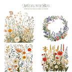 Wildflower Bliss – Clipart PNG cu flori sălbatice în acuarelă, borduri florale și coronițe botanice