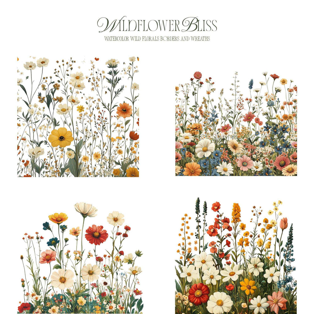 Wildflower Bliss – Clipart PNG cu flori sălbatice în acuarelă, borduri florale și coronițe botanice