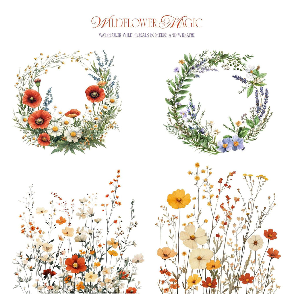 Wildflower Magic – Clipart PNG cu flori sălbatice în stil acuarelă, borduri florale și coroane decorative