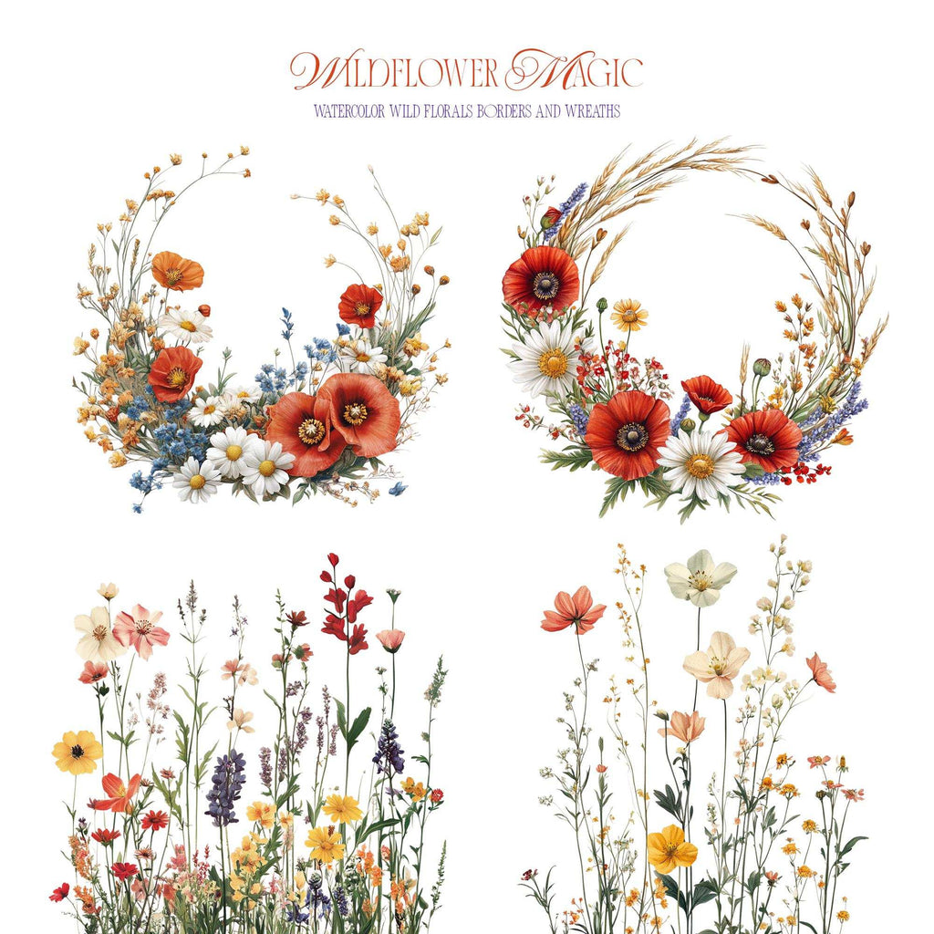 Wildflower Magic – Clipart PNG cu flori sălbatice în stil acuarelă, borduri florale și coroane decorative