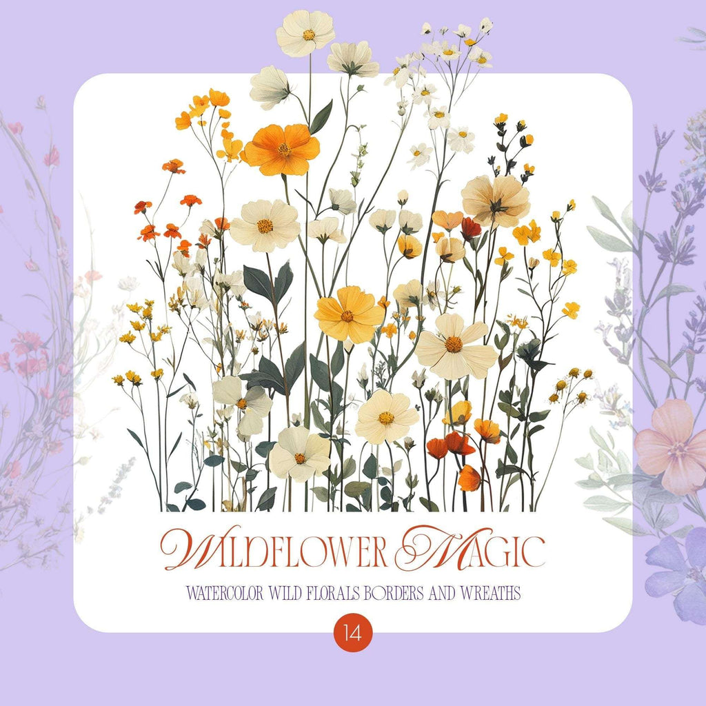 Wildflower Magic – Clipart PNG cu flori sălbatice în stil acuarelă, borduri florale și coroane decorative
