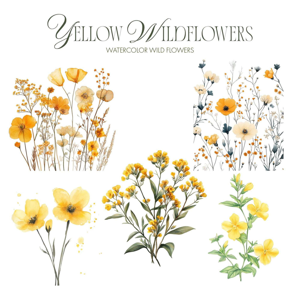 Yellow Floral Clipart – Clipart PNG cu flori sălbatice galbene în stil acuarelă, buchete și aranjamente florale