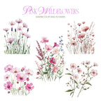 Clipart Acuarelă Flori de Câmp Roz, Ilustrații Florale Elegante