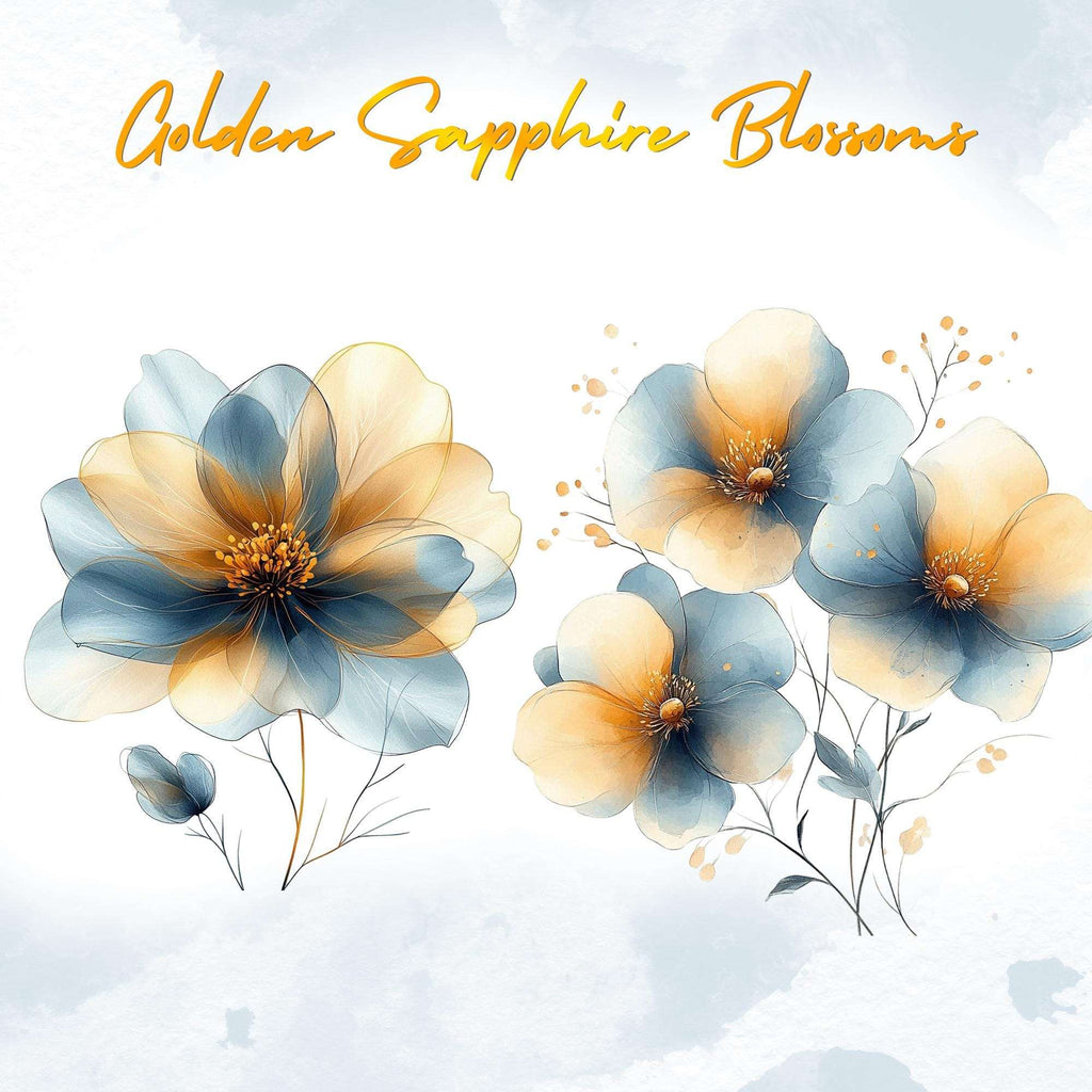 Clipart Flori Abstracte în Acuarelă: Galben și Albastru