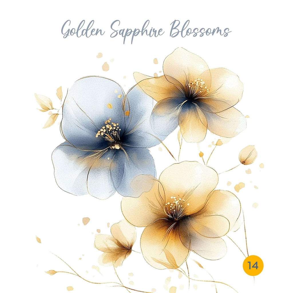 Golden Sapphire Blossoms, Abstract Flowers Clipart, Flowers Print, Watercolor Clipart, Digital Art for Sublimation, Paper Craft, Junk Journals, abstract flowers
yellow clipart
digital floral art
floral png design
300 dpi clipart
gold accent flowers