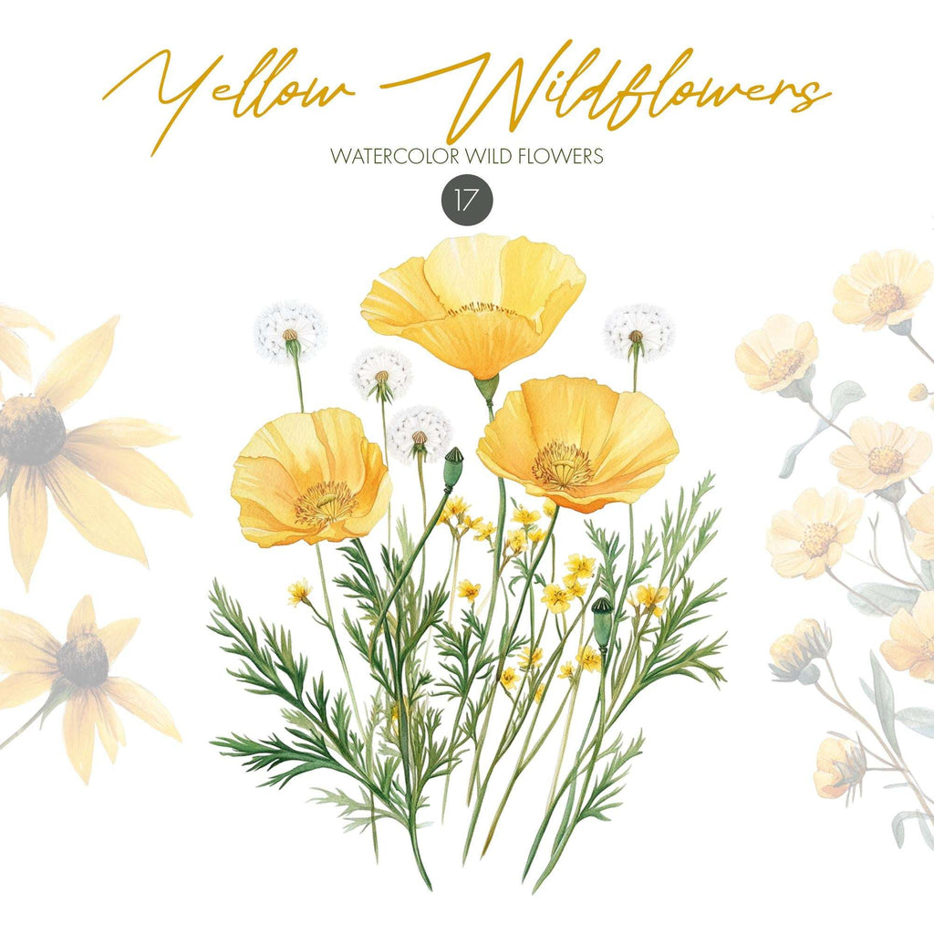 Yellow Floral Clipart – Clipart PNG cu flori sălbatice galbene în stil acuarelă, buchete și aranjamente florale