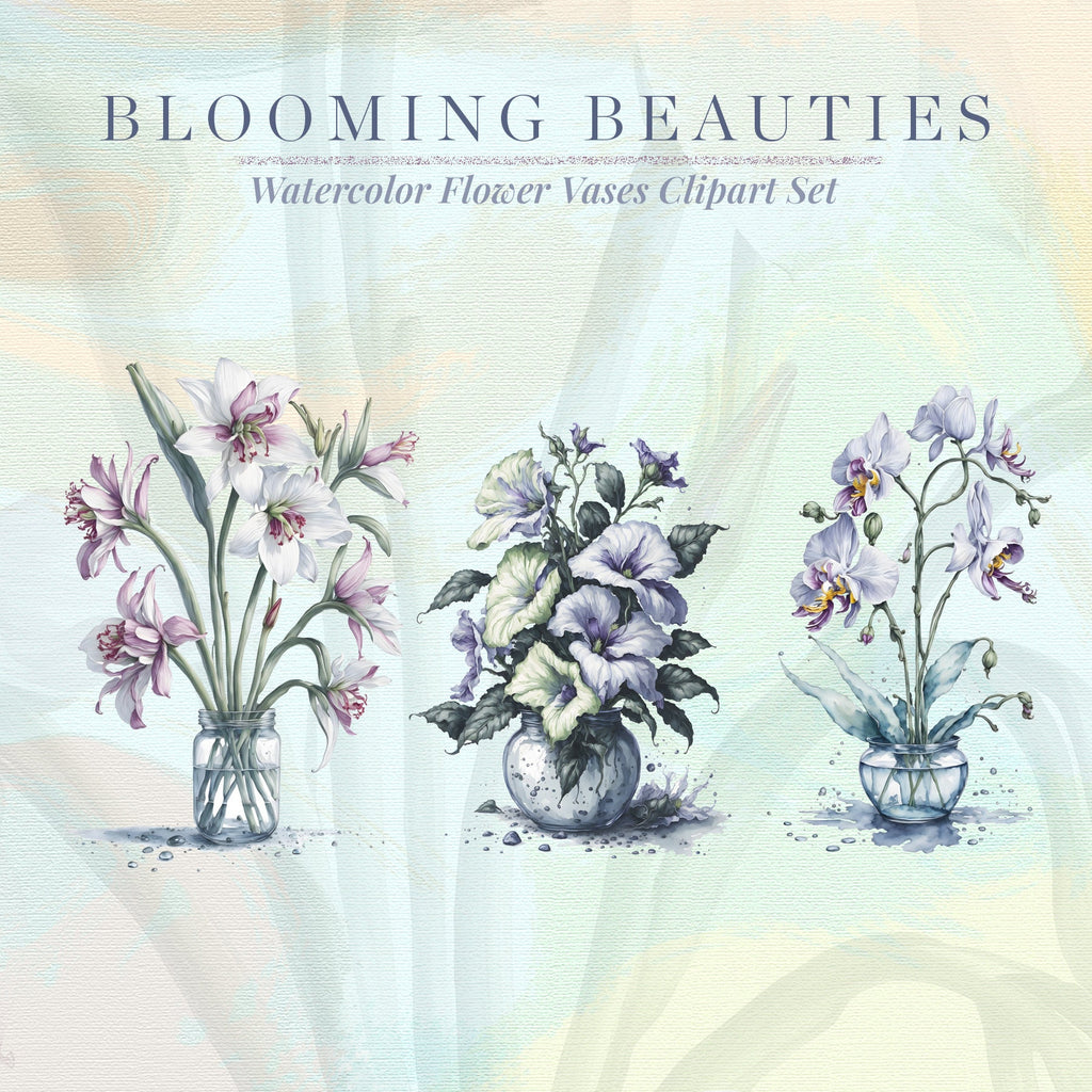 Blooming Beauties – Clipart PNG cu vaze florale în acuarelă, pentru invitații, decoruri și proiecte creative