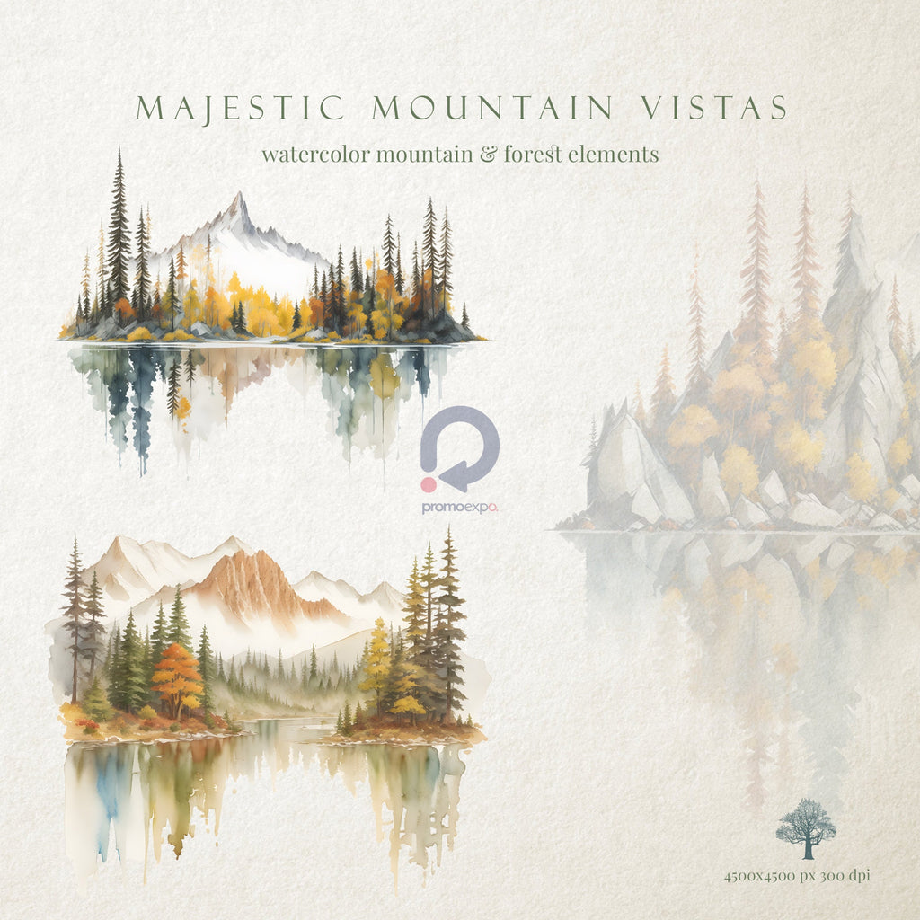Majestic Mountain Vistas: Mountains Clipart - Watercolor Clipart - Forest Clipart - Mountain Landscapes - Mountains - Watercolor Forest