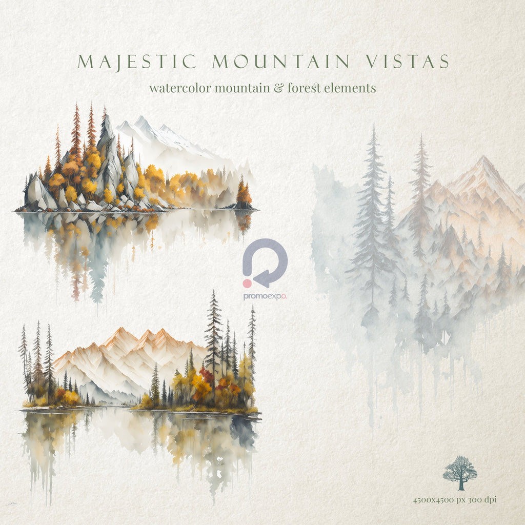 Majestic Mountain Vistas: Mountains Clipart - Watercolor Clipart - Forest Clipart - Mountain Landscapes - Mountains - Watercolor Forest