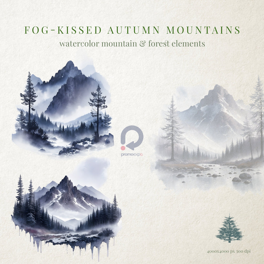 Fog-Kissed Autumn Mountains: Mountains Clipart - Watercolor Clipart - Forest Clipart - Mountain Landscapes - Mountains - Watercolor Forest