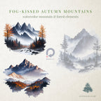 Fog-Kissed Autumn Mountains: Mountains Clipart - Watercolor Clipart - Forest Clipart - Mountain Landscapes - Mountains - Watercolor Forest