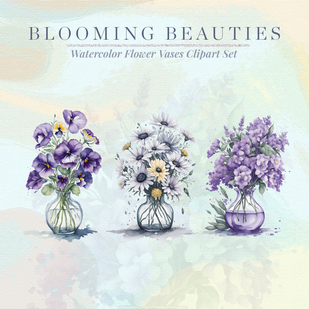 Blooming Beauties – Clipart PNG cu vaze florale în acuarelă, pentru invitații, decoruri și proiecte creative
