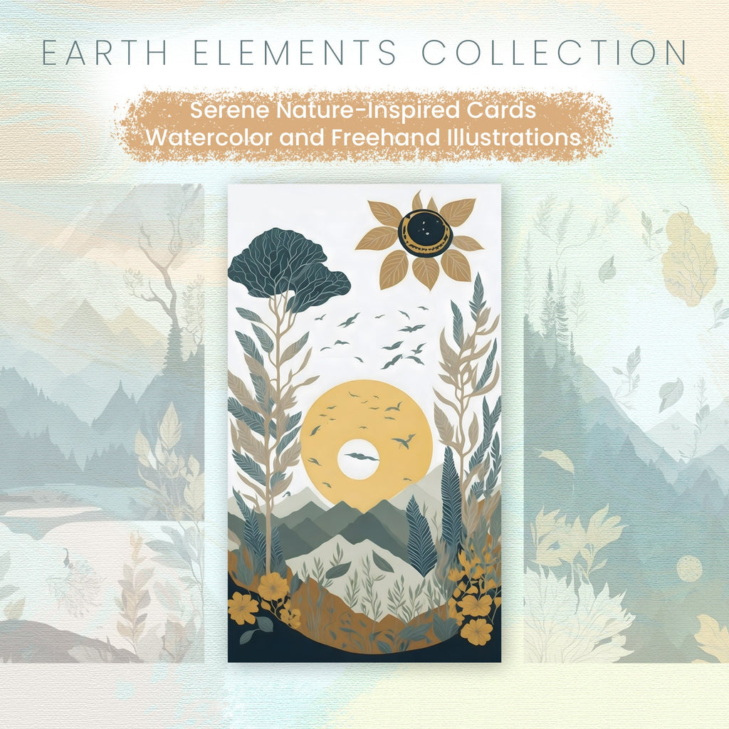 Earth Elements, Serene Nature-Inspired Cards, Watercolor Illustrations, Soft colors, earthy tones, Wall Art, Digital Print, High Resolution