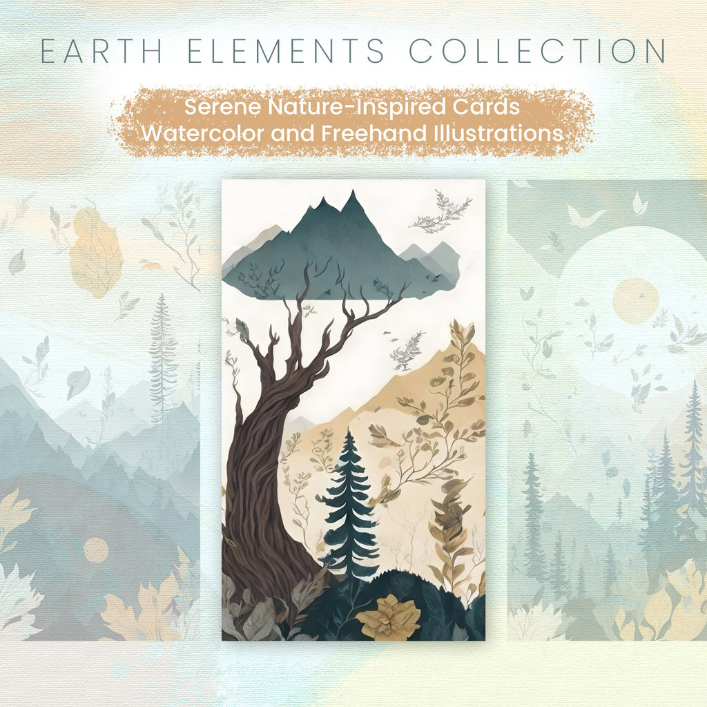Earth Elements, Serene Nature-Inspired Cards, Watercolor Illustrations, Soft colors, earthy tones, Wall Art, Digital Print, High Resolution