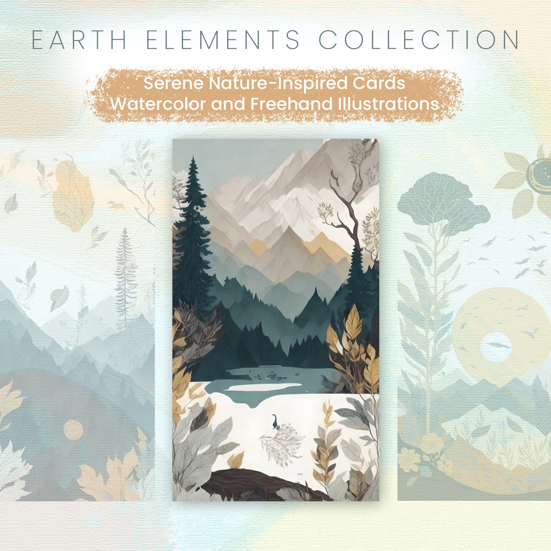 Earth Elements, Serene Nature-Inspired Cards, Watercolor Illustrations, Soft colors, earthy tones, Wall Art, Digital Print, High Resolution