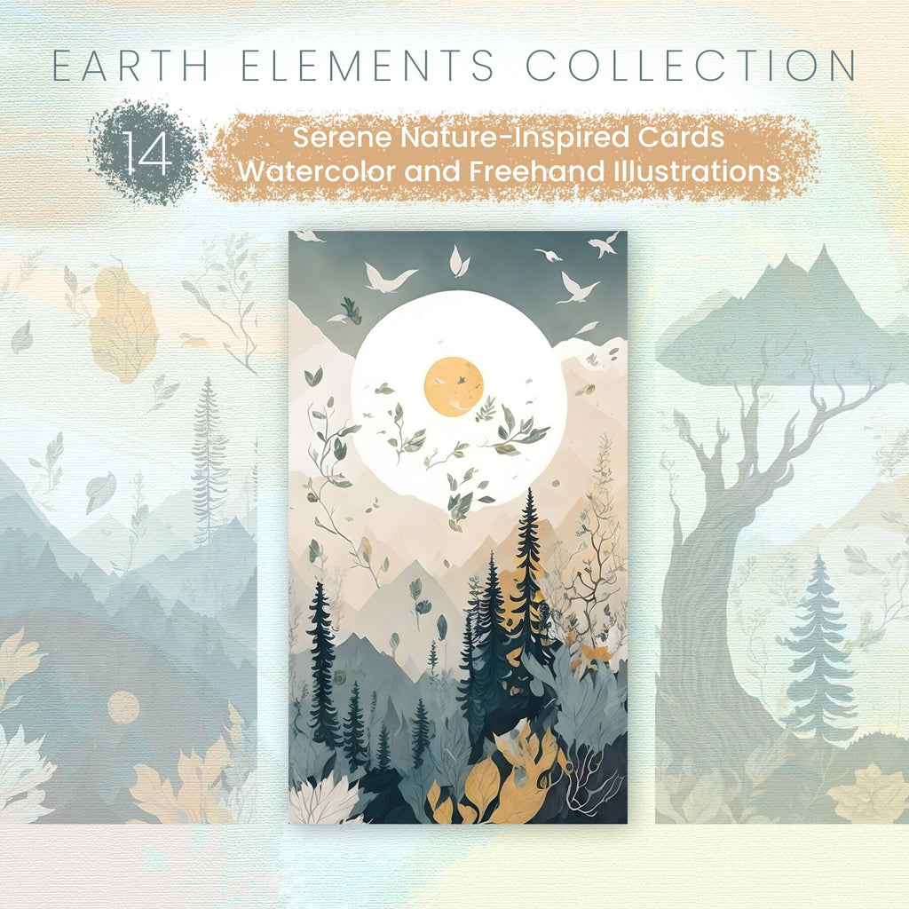 Earth Elements, Serene Nature-Inspired Cards, Watercolor Illustrations, Soft colors, earthy tones, Wall Art, Digital Print, High Resolution