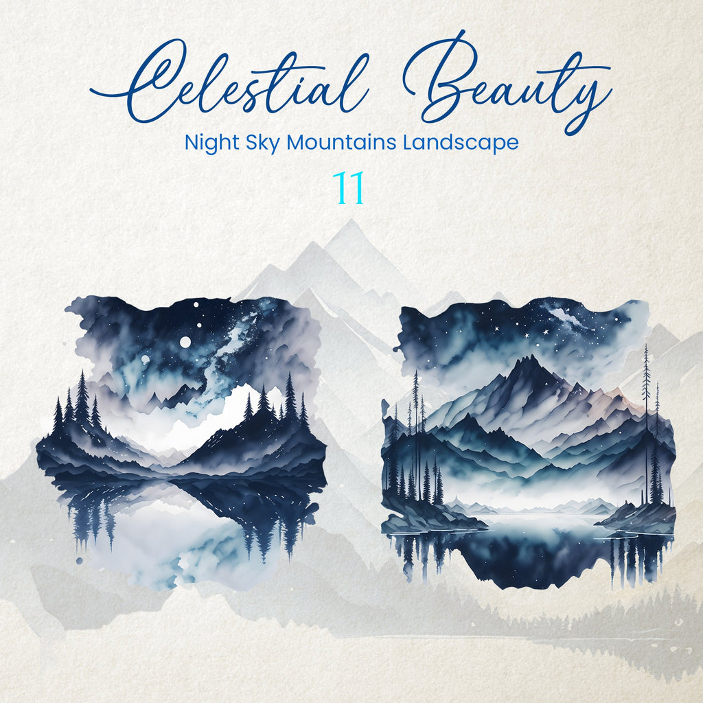 Celestial Beauty: Mountains Clipart - Watercolor Night Sky - Forest Clipart - Mountain Landscapes - Mountains in Night Sky Moonlit Mountain