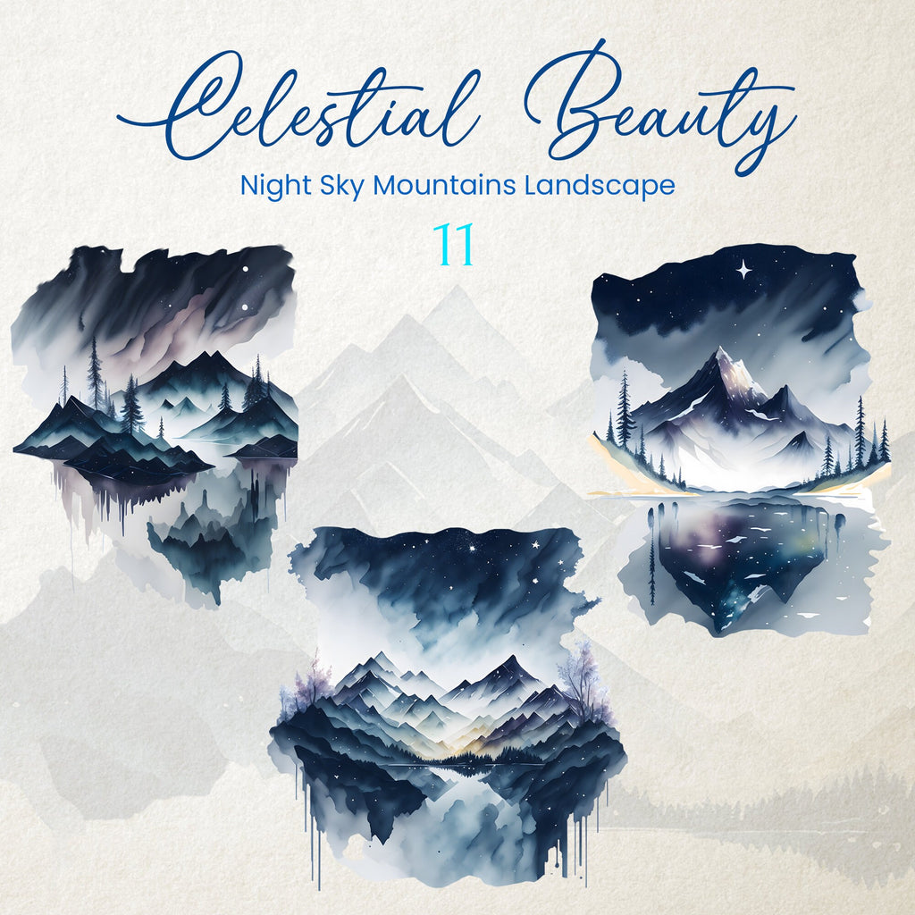 Celestial Beauty: Mountains Clipart - Watercolor Night Sky - Forest Clipart - Mountain Landscapes - Mountains in Night Sky Moonlit Mountain