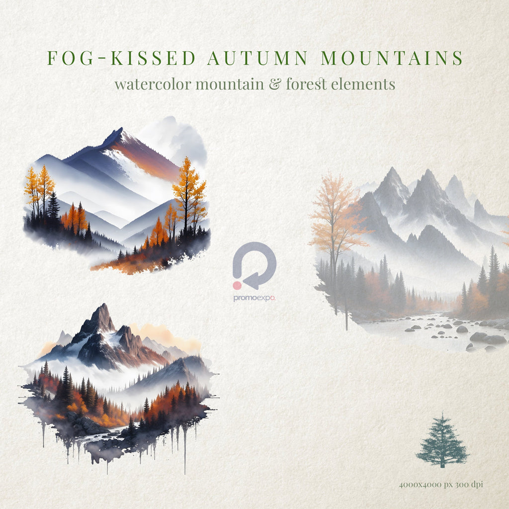 Fog-Kissed Autumn Mountains: Mountains Clipart - Watercolor Clipart - Forest Clipart - Mountain Landscapes - Mountains - Watercolor Forest