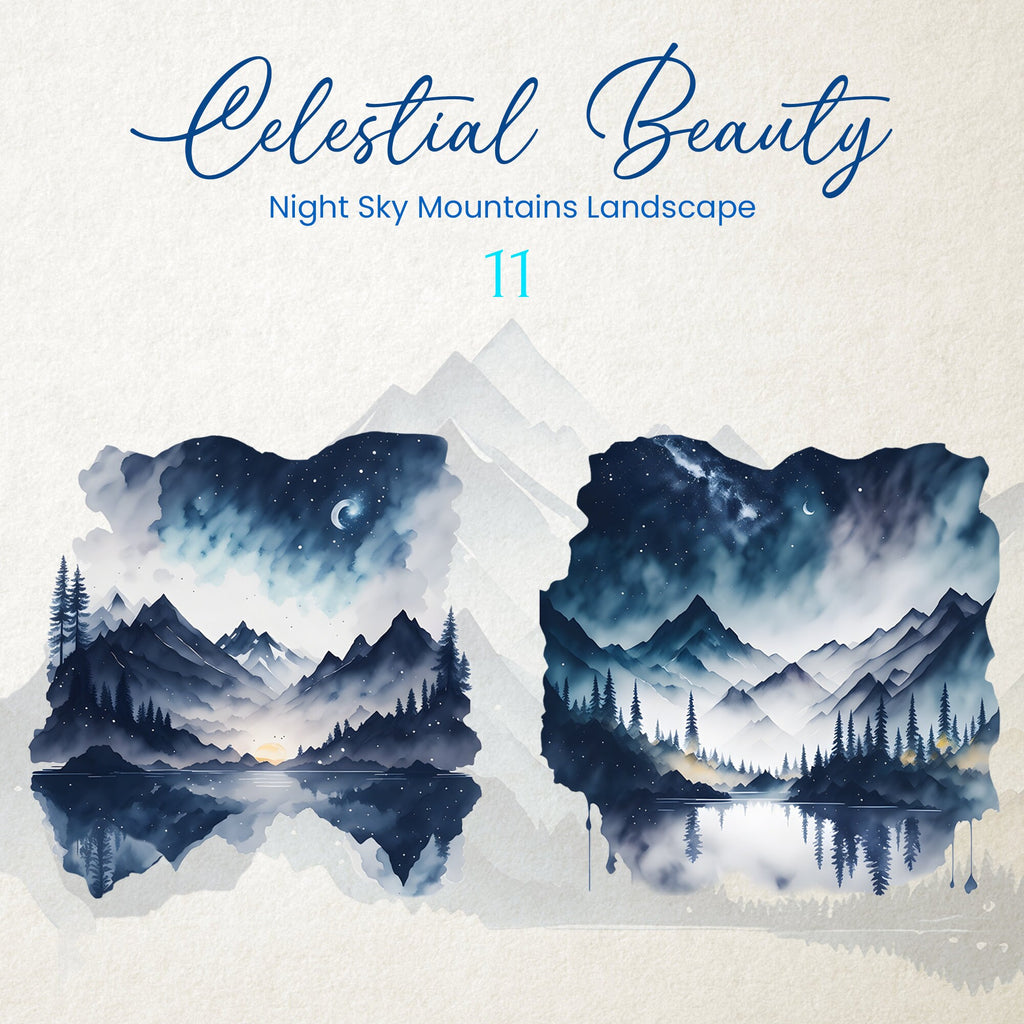 Celestial Beauty: Mountains Clipart - Watercolor Night Sky - Forest Clipart - Mountain Landscapes - Mountains in Night Sky Moonlit Mountain